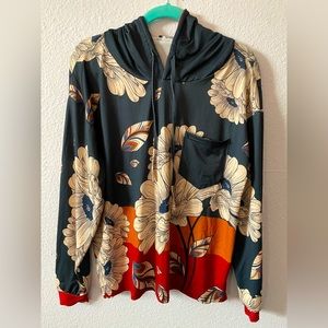 Comfy, brilliant floral print hoodie. Stretchy fabric. Generous lined hood.